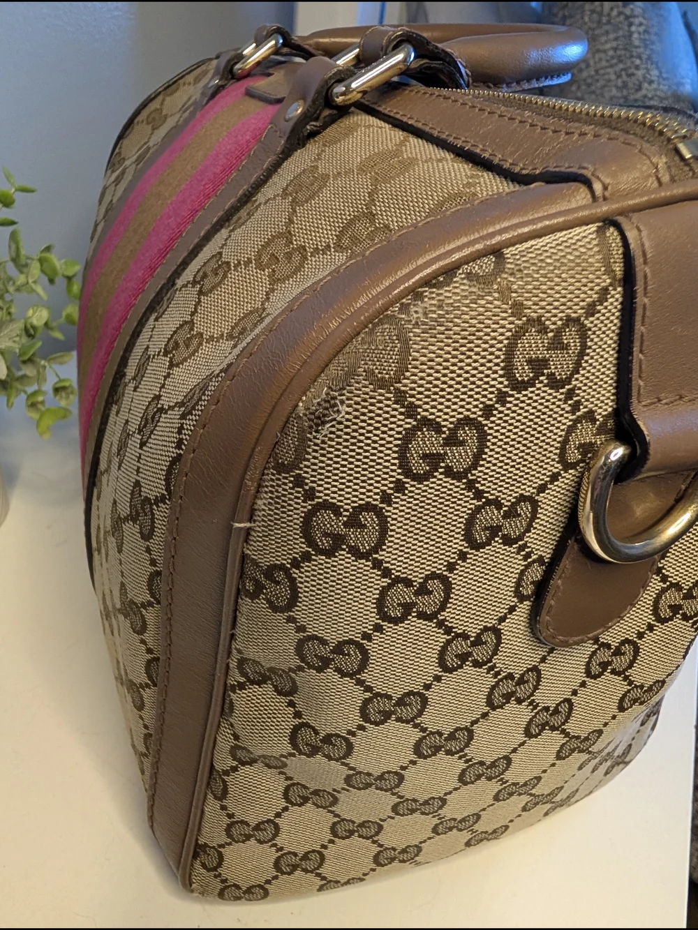 Gucci Vintage Pink & Brown Web Joy GG Monogram Canvas Boston Bag - VGUC!